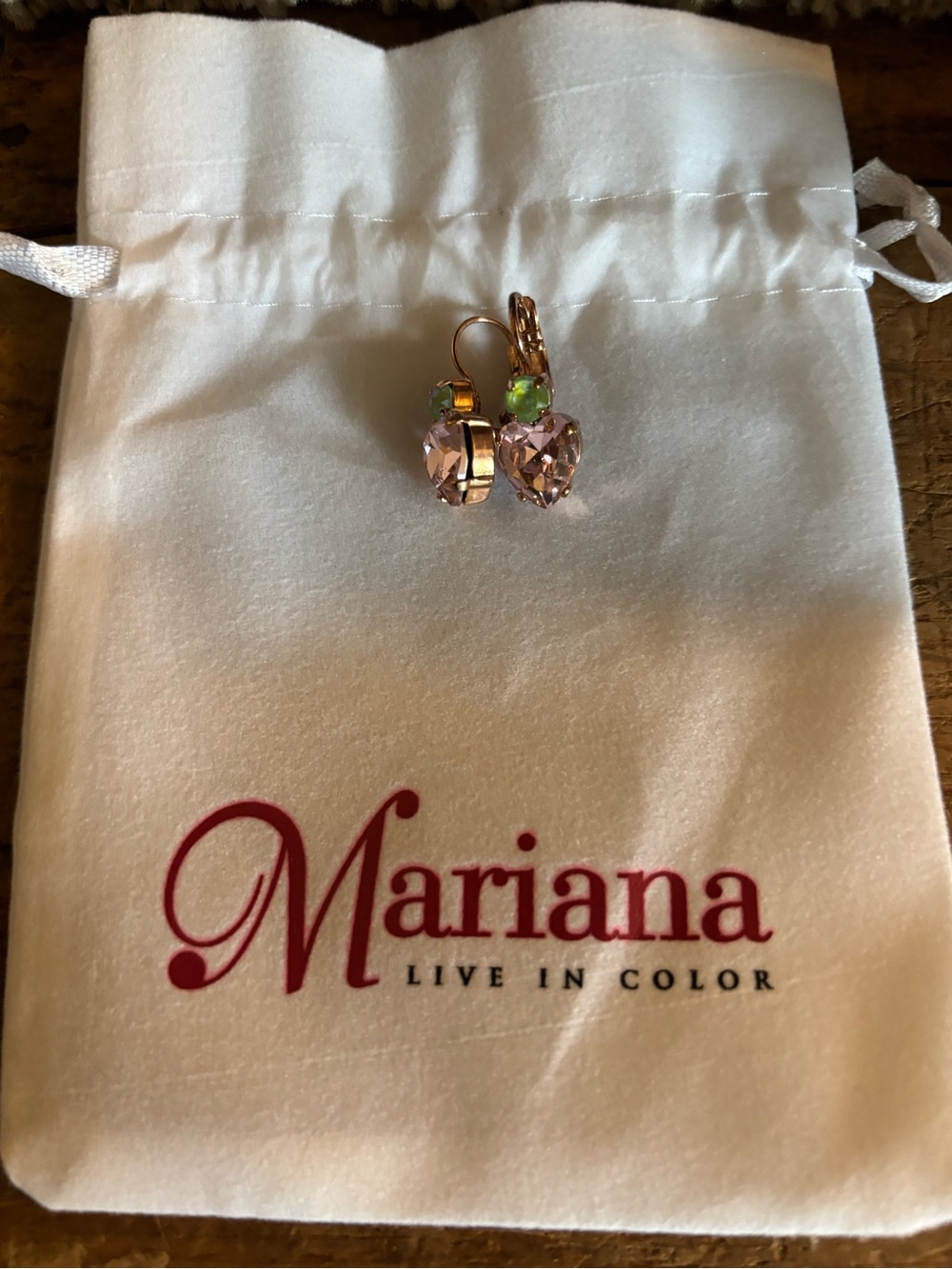 Mariana Pink Heart Drop Earrings with Green Accents